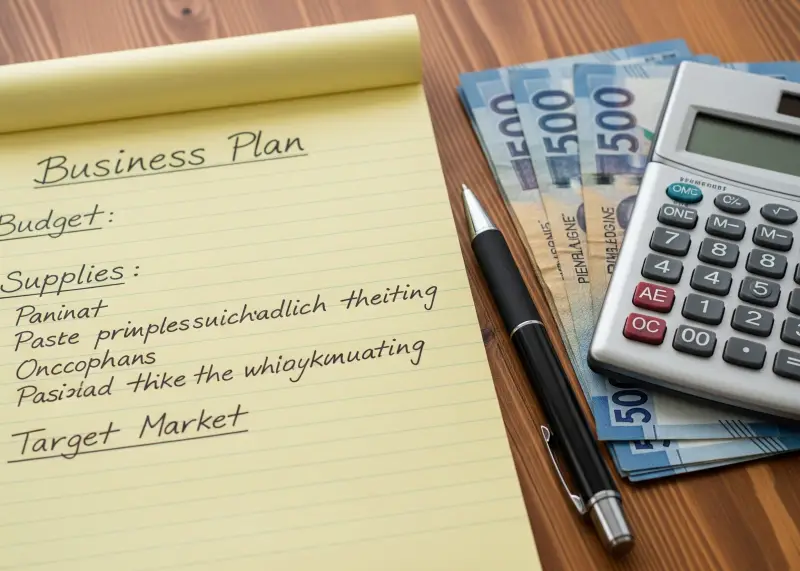 filipino food cart business plan Handwritten Filipino food cart business plan with budget and market notes.
