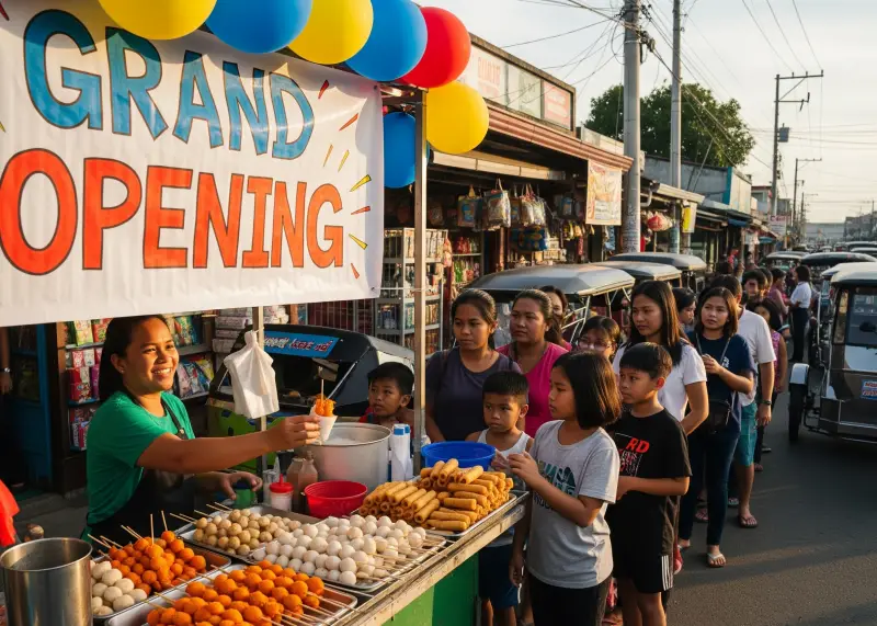 filipino food cart grand opening Filipino food cart grand opening with customers lining up on the street.