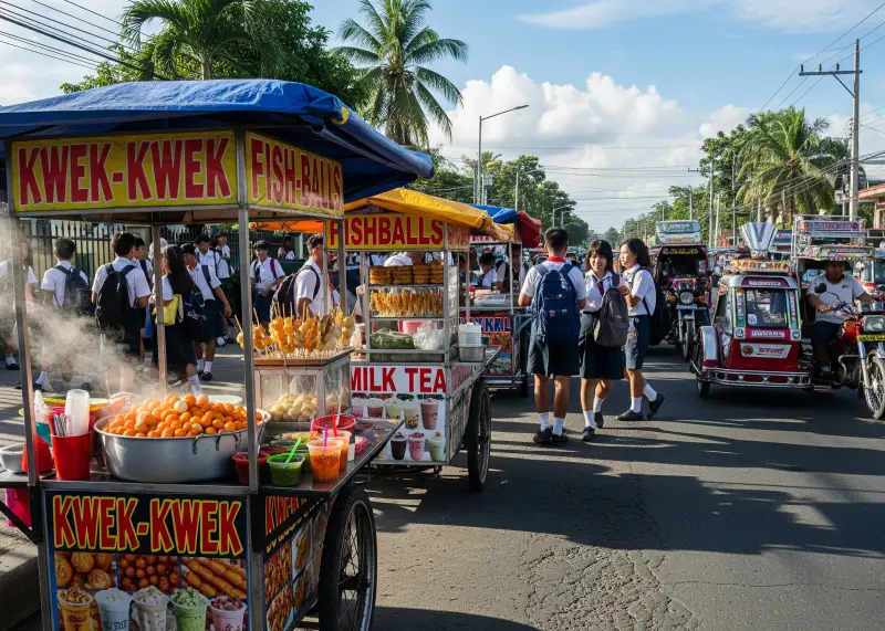 filipino food cart location school Filipino food carts selling snacks near a school with students and tricycles.