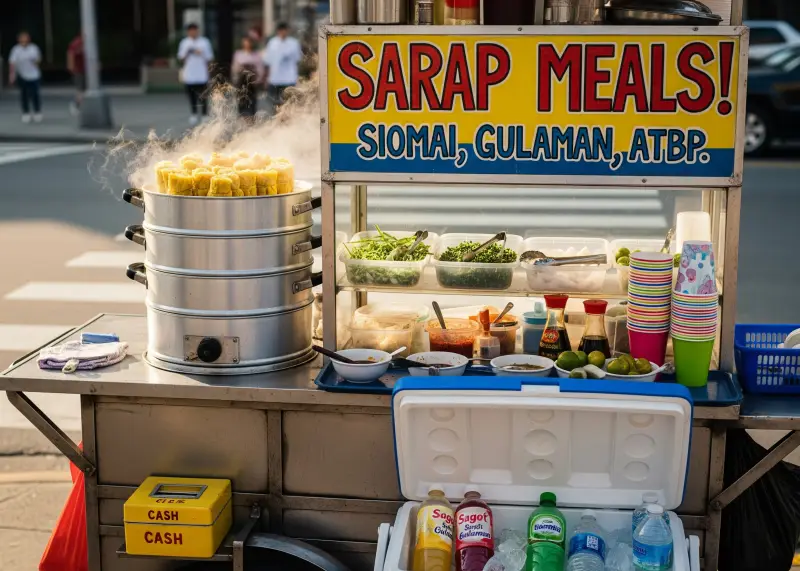 filipino food cart with supplies A Filipino food cart stocked with cooking equipment, ingredients, and drinks.