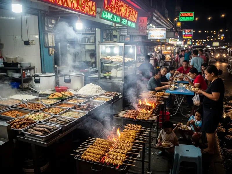 filipino food lifestyle diabetes risk Carinderias and street food stalls in the Philippines with people eating rice meals.