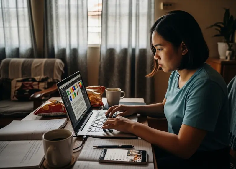 filipino freelancer sala Filipino working as a freelance digital worker at home on a laptop.