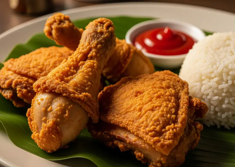 filipino fried chicken comfort food Crispy Filipino-style fried chicken served with rice and ketchup.