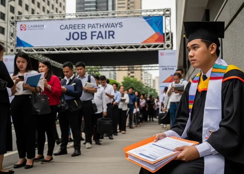 filipino graduate job market Filipino graduate in toga waiting at a crowded job fair with resumes.