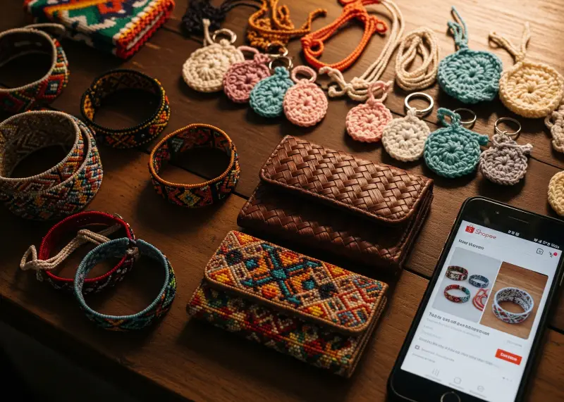 filipino handmade crafts online selling Handmade Filipino crafts with a smartphone open to an online selling app.