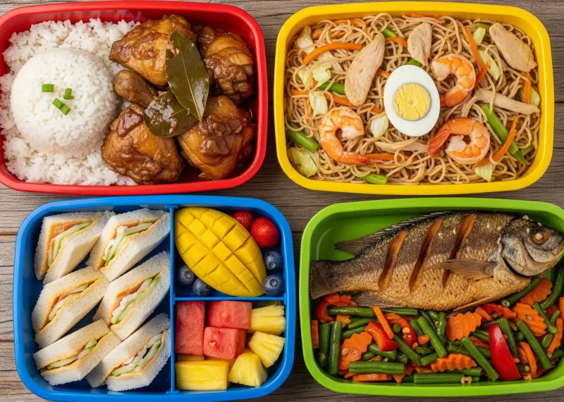 filipino healthy baon lunchbox ideas Different Filipino school lunchboxes with rice, adobo, noodles, sandwiches, and vegetables.