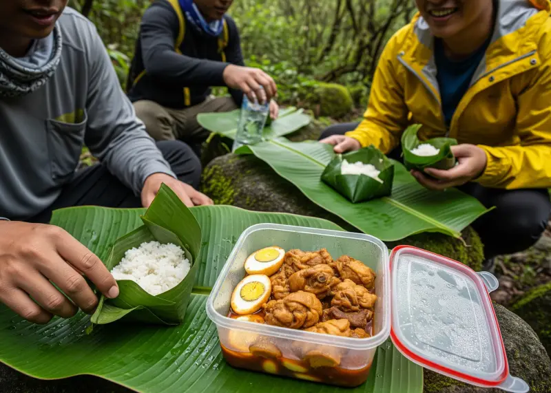 filipino hikers sharing food mountain Filipino hikers sharing rice and adobo wrapped in banana leaves on the trail.