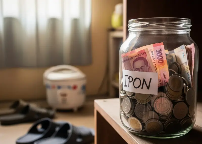 filipino ipon jar savings budget A jar labeled “Ipon” filled with peso coins and bills in a modest Filipino home.