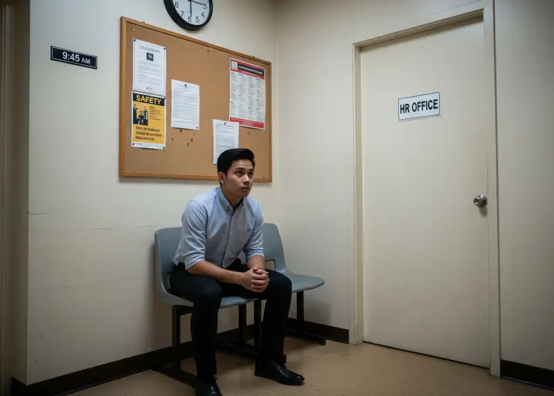 filipino job applicant waiting interview Filipino job applicant in modest office attire waiting for an interview in a company hallway.
