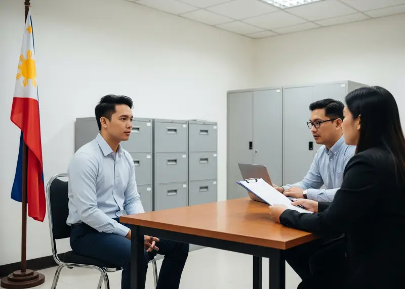 filipino job interview panel questions Filipino job applicant answering questions from two interviewers in a modest office.
