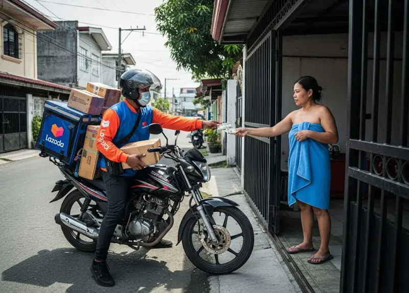 filipino lazada delivery driver philippines Lazada delivery driver on a motorcycle full of packages handing a parcel to a woman in a towel outside her gate.
