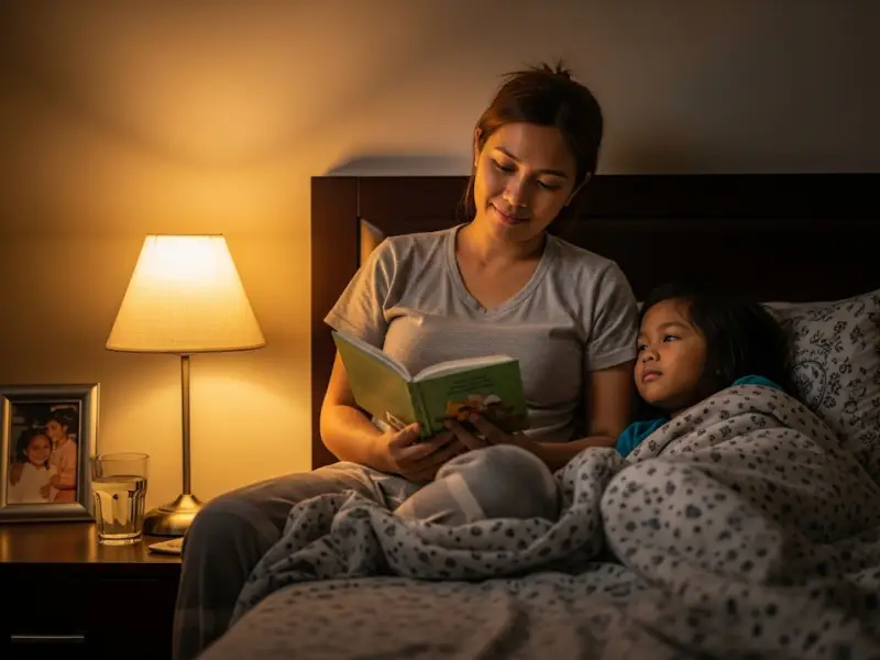 filipino mom bedtime ritual Filipina mom reading a bedtime story to her child before sleep.