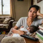 A tired Filipino mom holding her baby while resting in a modest living room, symbolizing the struggles of mom burnout.