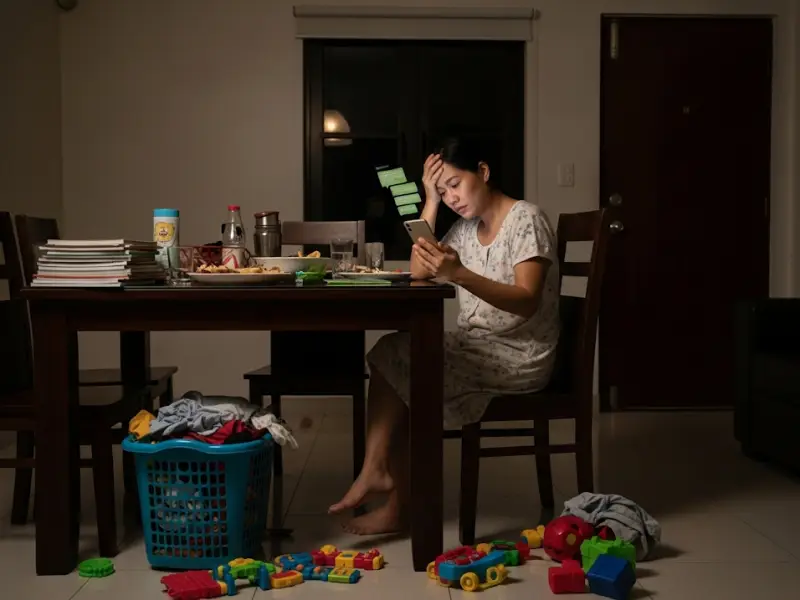 filipino mom burnout red flags Tired Filipina mom sitting at a cluttered dining table late at night surrounded by unfinished chores.