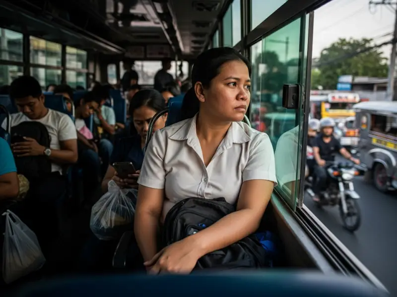 filipino mom commute guilt Filipina mom in office uniform looking guilty and tired while commuting home on a bus at dusk.