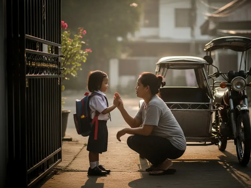filipino mom connection rituals Filipina mom giving her child a secret handshake before leaving for work.