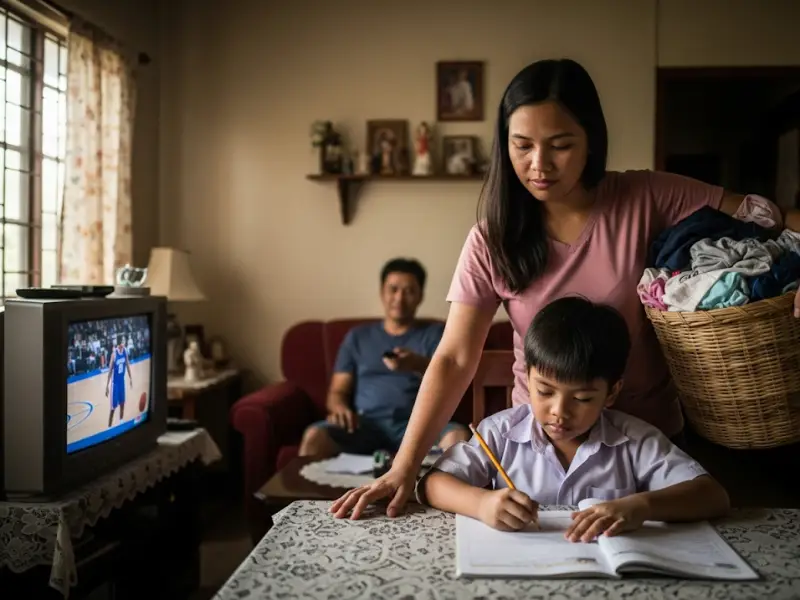 filipino mom cultural pressure Filipino mom multitasking at home while others relax.