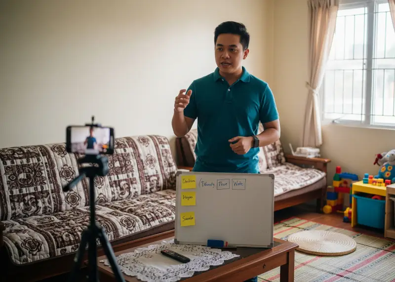 filipino online course workshop home Filipino teaching an online course from home with a tripod and whiteboard.