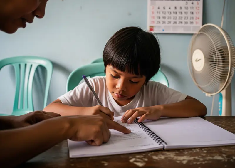 filipino parent guiding child homework Filipino parent gently guiding a child with homework in a modest home.