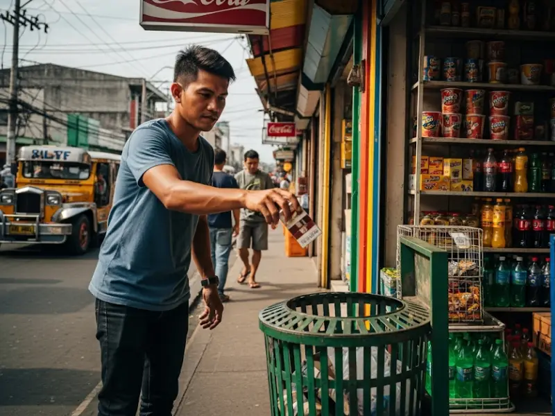 filipino quit smoking Filipino man throwing cigarette pack into a trash bin.