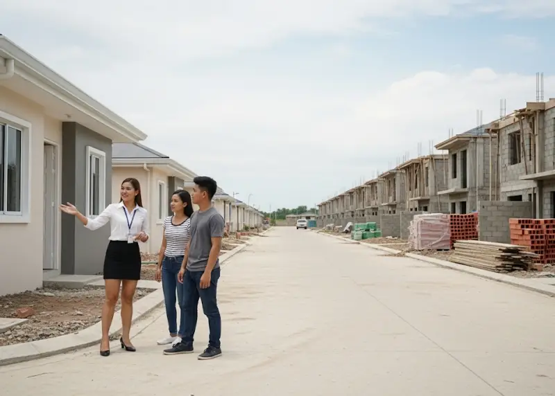 filipino real estate agent philippines Filipino real estate agent showing a couple a modest subdivision house for sale.