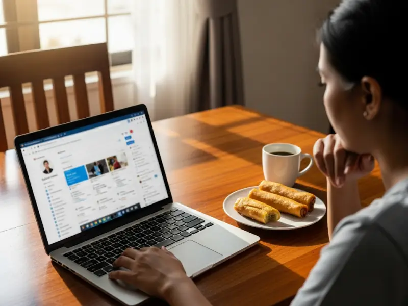 filipino recruiter talent acquisition Recruiter scanning LinkedIn profiles on a laptop at a dining table.