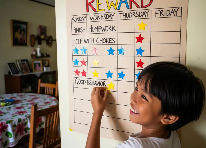 filipino reward chart positive discipline Filipino child placing a star on a reward chart for good behavior.