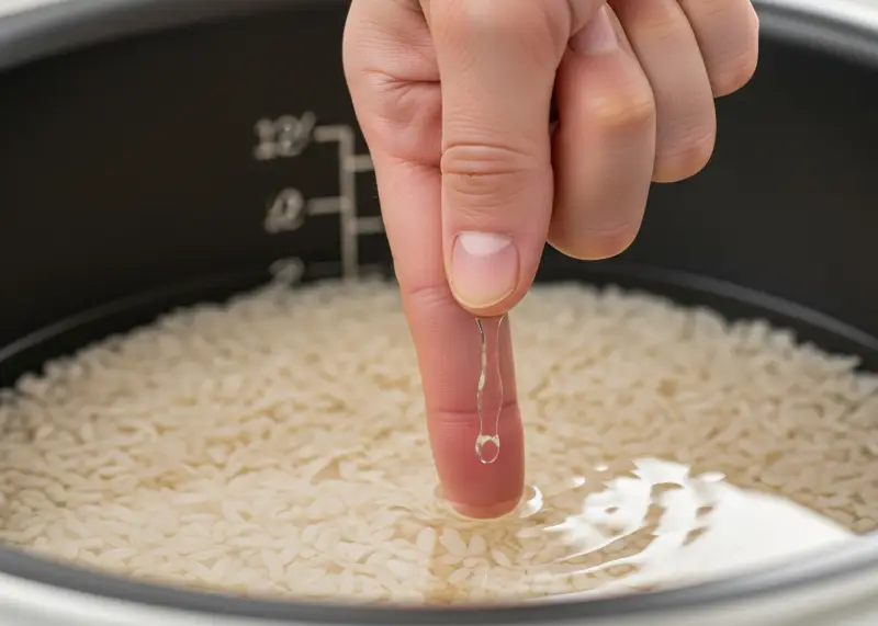 filipino rice finger method Close-up of the Pinoy finger method for measuring rice water.