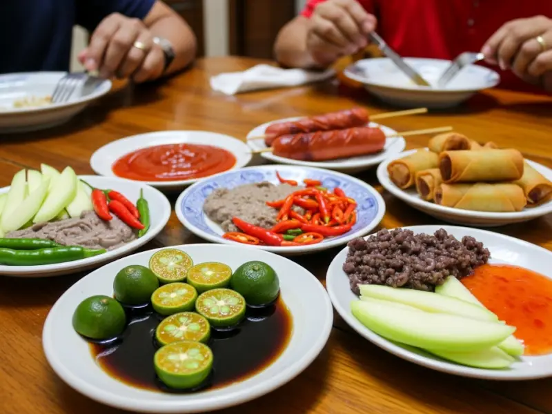 filipino sawsawan culture Filipino dining table with various dipping sauces like toyo with calamansi, patis with sili, ketchup, bagoong, and chili sauce.