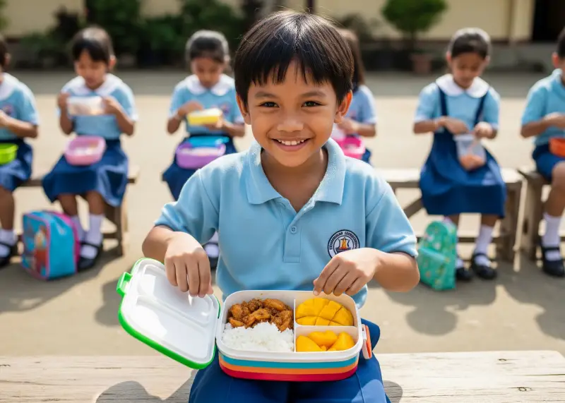 filipino school kid opening baon Filipino student happily opening a lunchbox at school recess.