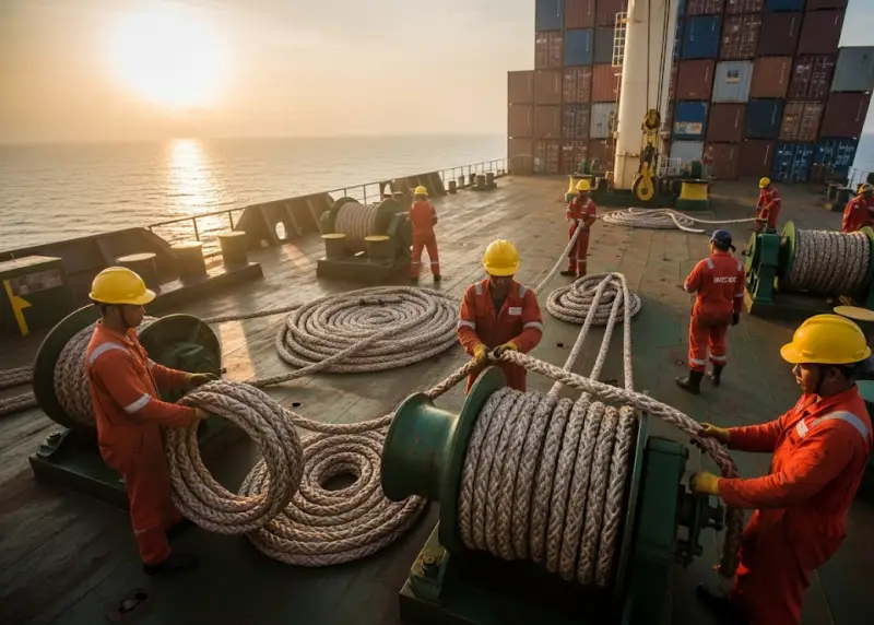 filipino seafarers maritime jobs Filipino seafarers in coveralls working on the deck of a cargo ship at sunrise.