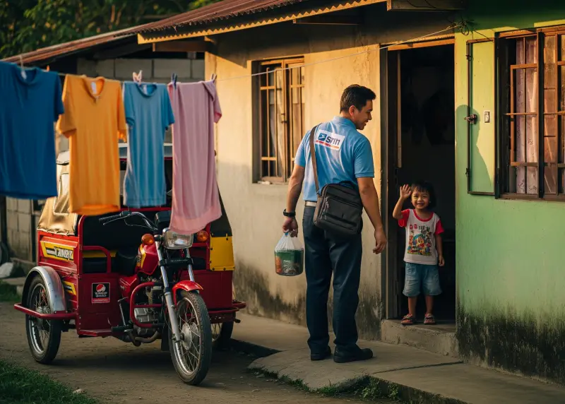 filipino single father work childcare Filipino single father leaving for work while his child waves from the doorway of a modest home.