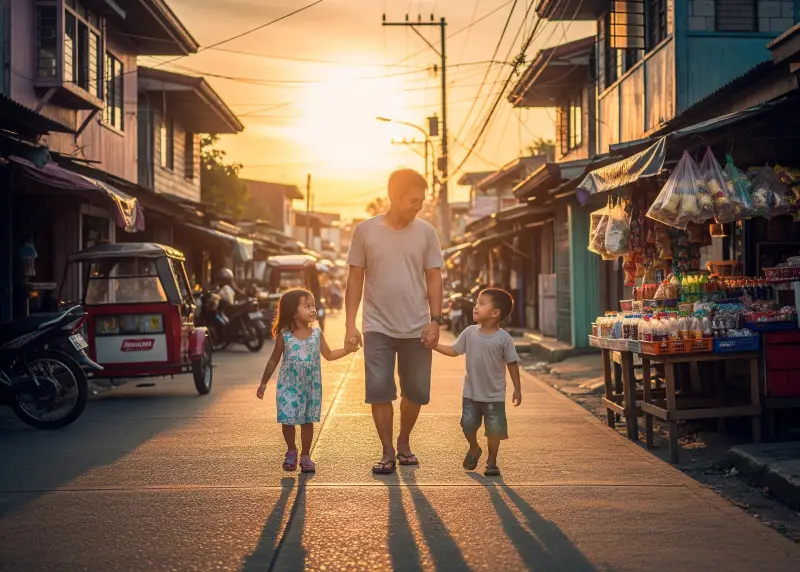 filipino single parent hopeful future Single Filipino parent walking with two children along a neighborhood street at sunset.