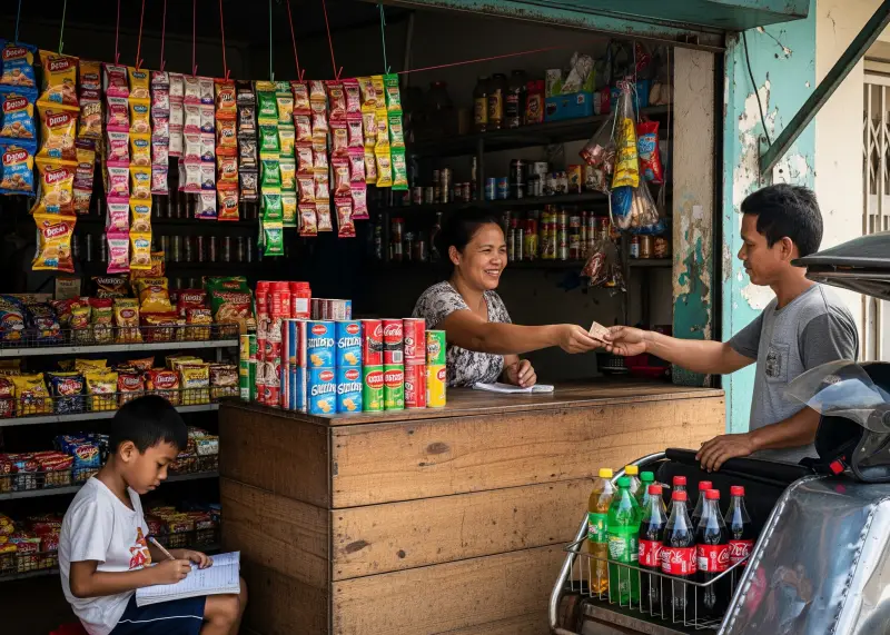 filipino small business entrepreneurship Filipino mother running a sari-sari store, serving a tricycle driver customer.