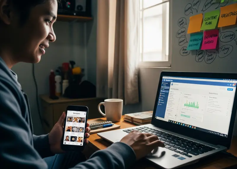 filipino social media manager home Filipino freelancer managing Facebook and Instagram pages on laptop and phone.