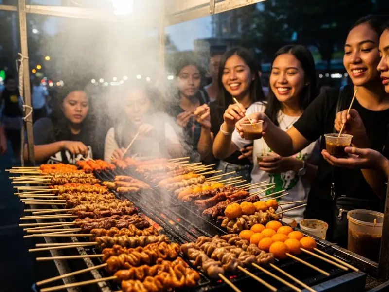 filipino street food stall Filipinos enjoying isaw, barbecue, and kwek-kwek at a street food stall in the evening.