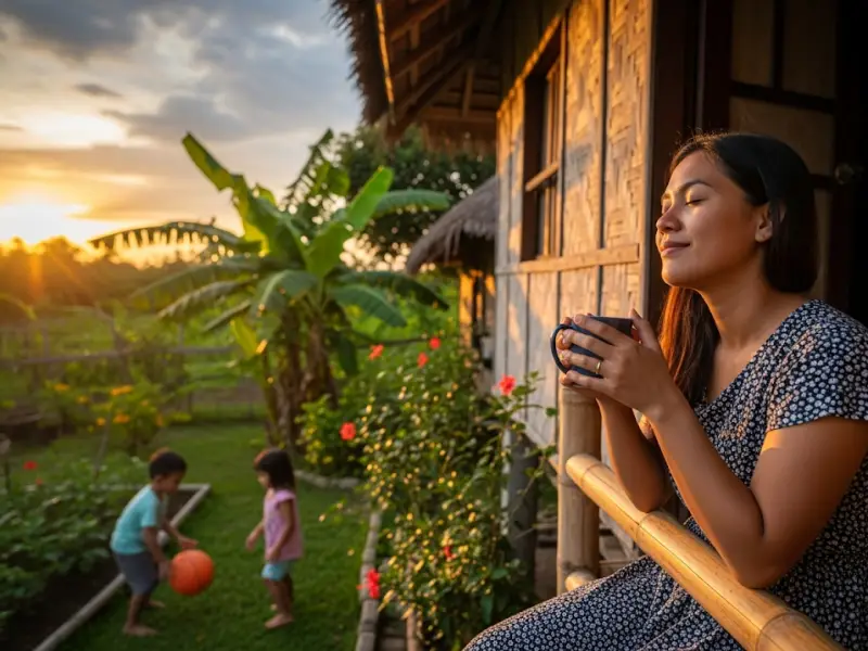filipino stress relief Filipina mom relaxing outdoors with coffee at sunset.