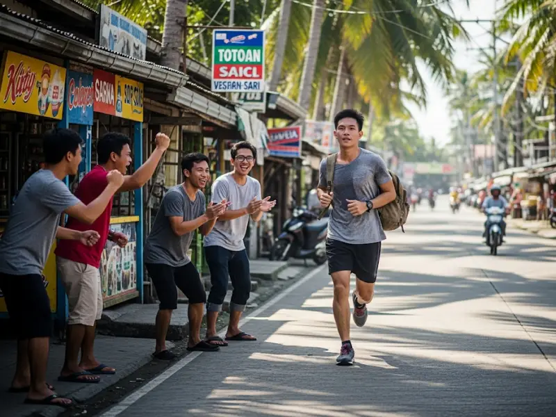 filipino training first hike Young Filipino jogging with a backpack in a barangay to train for hiking.