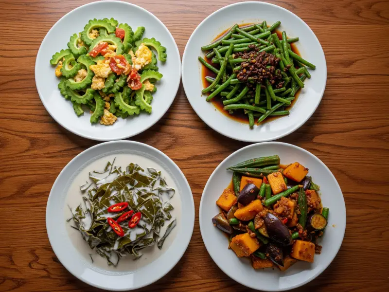 filipino vegetable dishes ampalaya sitaw laing pinakbet Top-down shot of Filipino vegetable dishes: Ginisang Ampalaya, Adobong Sitaw, Laing, and Pinakbet on a wooden table.