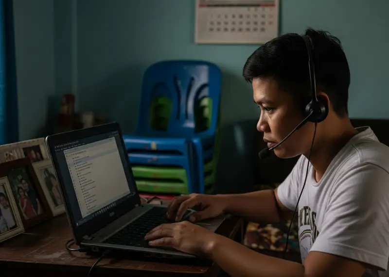 filipino virtual assistant home Filipino virtual assistant working from home on a laptop with headset.