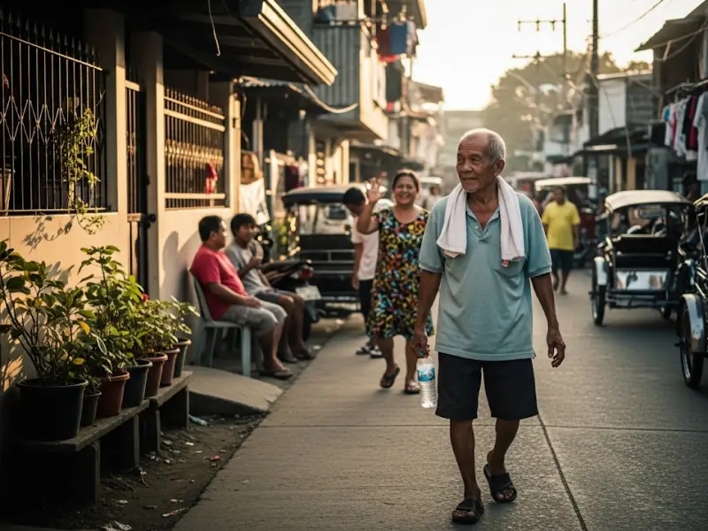 filipino walking exercise daily Elderly Filipino man walking in barangay street for daily exercise.