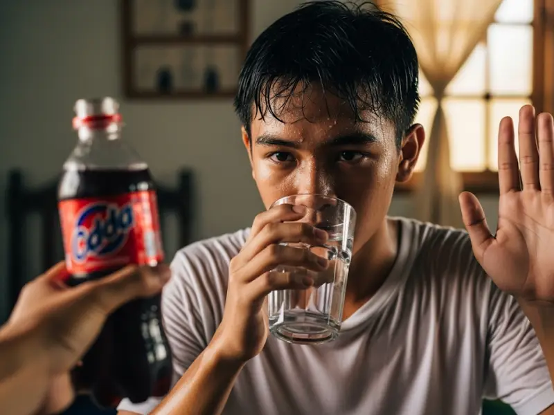 filipino water over soda Filipino teen choosing water over soda.