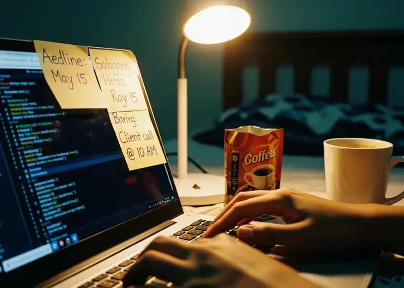 filipino web developer coding home 1 Close-up of Filipino coder typing on a laptop at home.