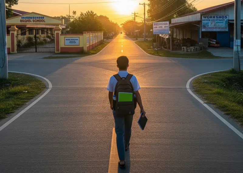 filipino youth future choice Young Filipino walking down a split road symbolizing choices for the future.