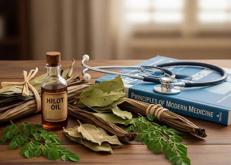 future of hilot traditional modern Hilot oil and herbs placed beside a stethoscope and medical book.