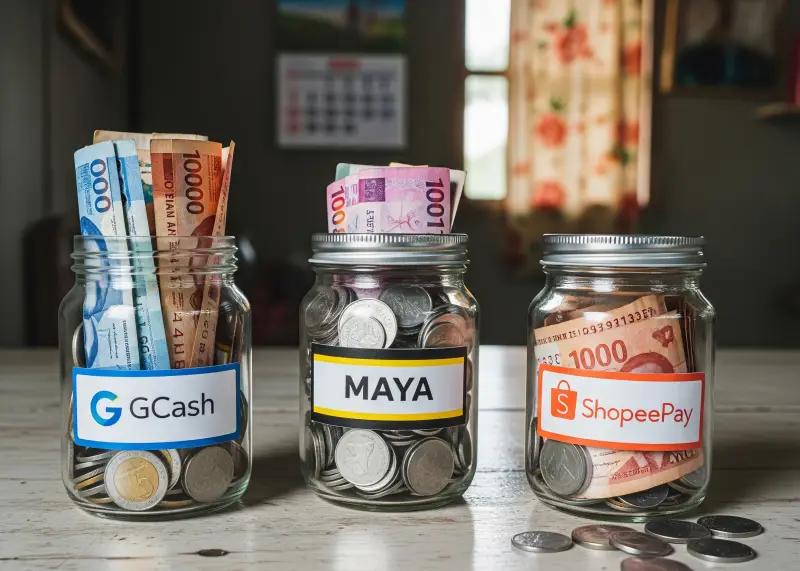 gcash maya shopeepay savings comparison Three jars labeled GCash, Maya, and ShopeePay filled with different amounts of pesos.
