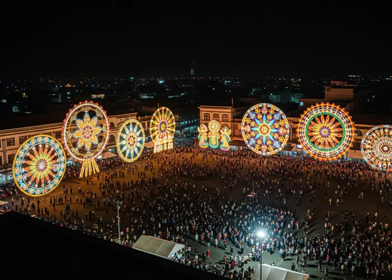 giant lantern festival pampanga 2025 Aerial night shot of giant lanterns glowing in San Fernando Pampanga.