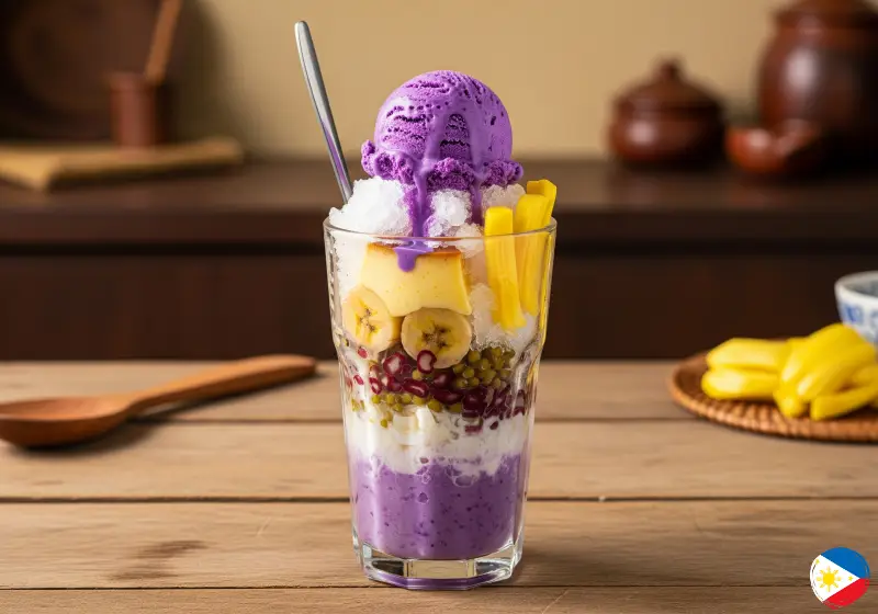 halo halo closeup filipino dessert Close-up of halo-halo layers with ube ice cream and leche flan on top.