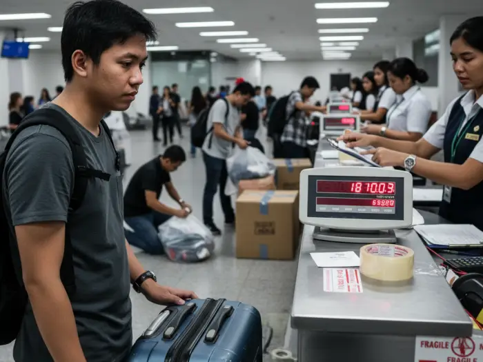 hidden costs cheap flights philippines Filipino traveler paying for excess baggage fees at an airport counter.