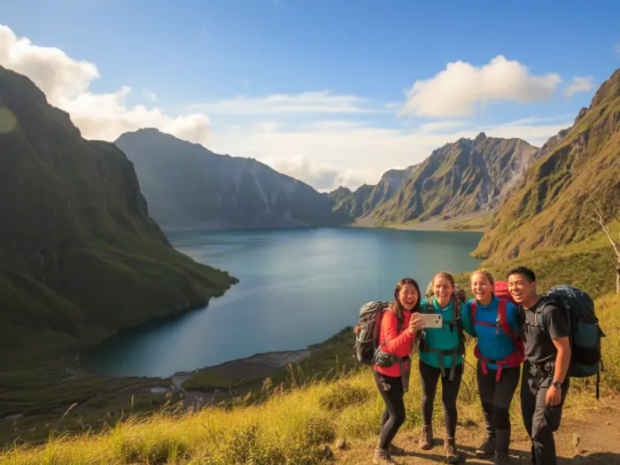 hikers selfie mount pinatubo crater lake Four happy hikers in outdoor gear take a selfie overlooking Mount Pinatubo's turquoise crater lake.
